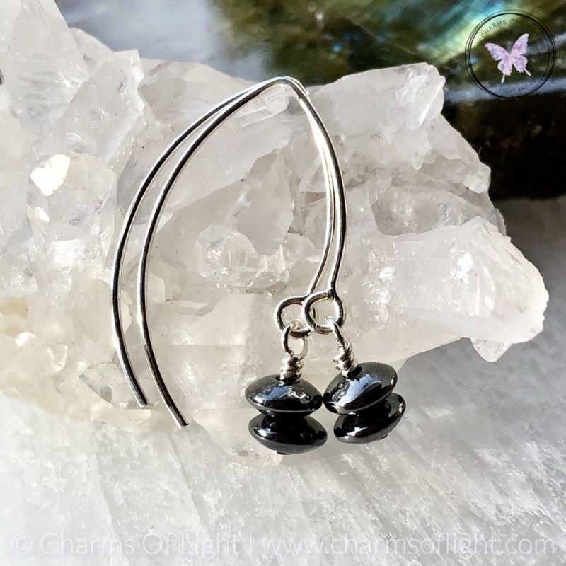 Hematite Rondelle Silver Angled Earrings